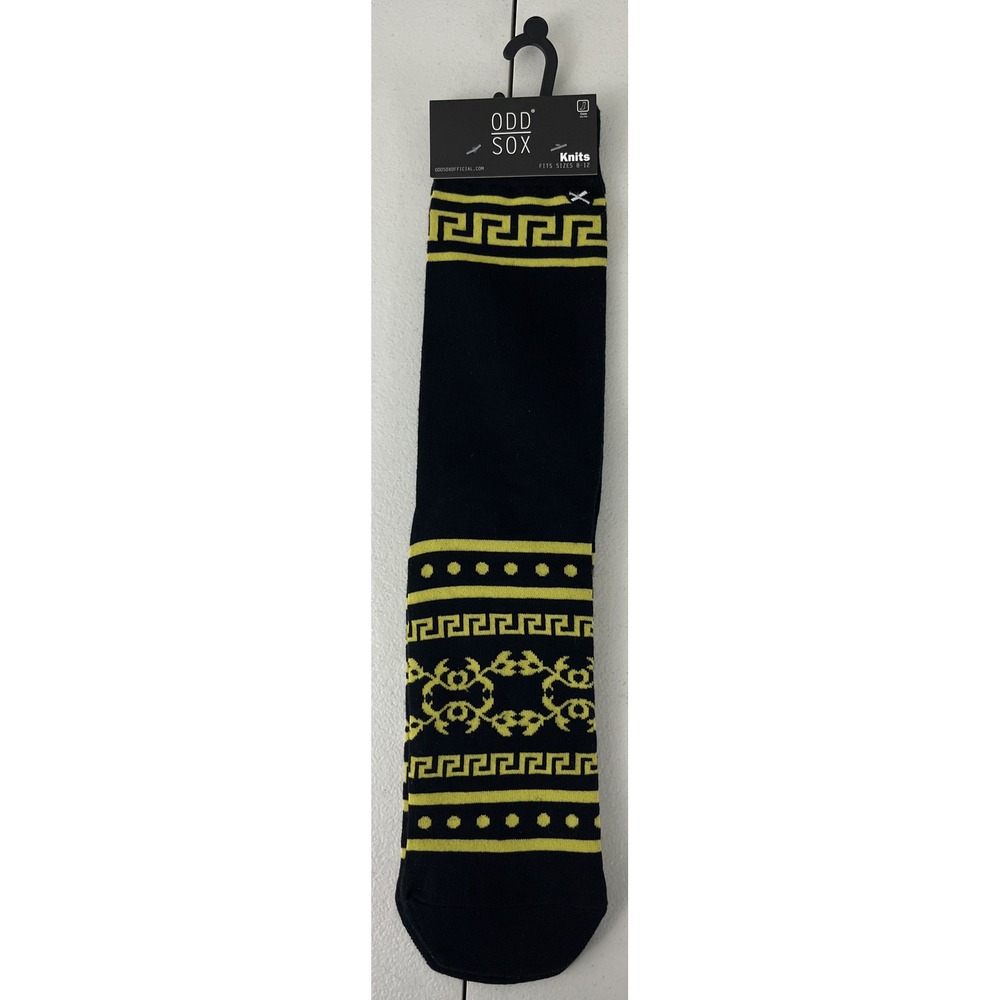 Odd Sox Roma Graphic Crew Socks Black Yellow Greek Key Print Mens Size 8-12 NEW